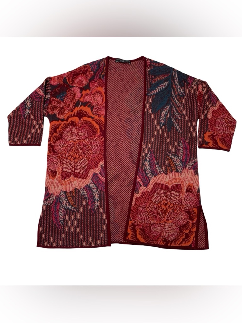 Peruvian Connection patchwork cardigan Red Ping Floral Pima Cotton Womens S